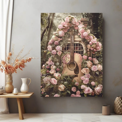 Wanddecoratie plexiglas met een elegant boeket van rozen met gitaar