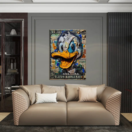 Canvas wanddecoratie van een vrolijke eend met geld.