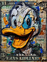 Canvas wanddecoratie van een vrolijke eend met geld.