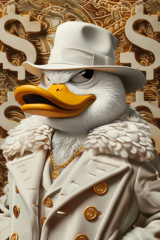 Dibond wanddecoratie van een eend in een witte jas met gouden accenten.