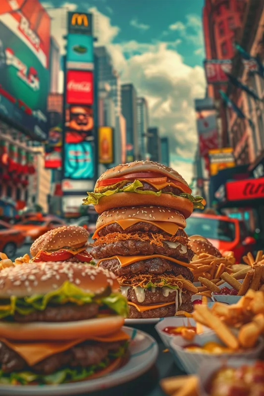  Wanddecoratie canvas van Moderne culinaire presentatie van burgers en friet in een stedelijke setting
