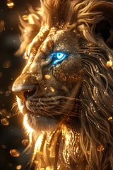Poster van een leeuw met een blauw oog met gouden accenten