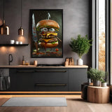 Wanddecoratie canvas van een creatieve en opvallende presentatie van een hamburger met kleurrijke details