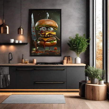 Wanddecoratie canvas van een creatieve en opvallende presentatie van een hamburger met kleurrijke details