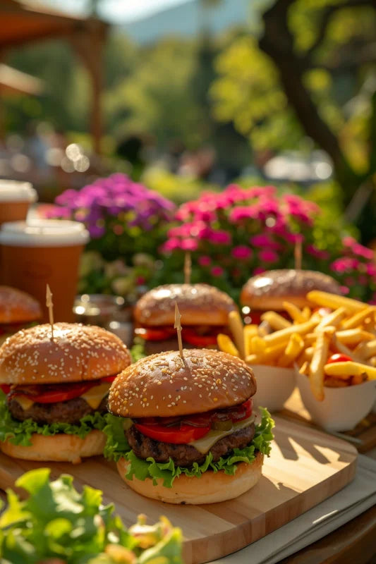 Plexiglas wanddecoratie van  hamburgers en bijgerechten in een ontspannen buitenomgeving.