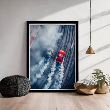 poster van twee racende auto's met rooksporen