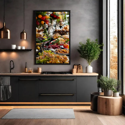 Dibond wanddecoratie  van luxe feestmaal bestaande uit exclusieve gerechten en elegante decoratie