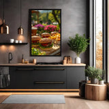 Plexiglas wanddecoratie van  hamburgers en bijgerechten in een ontspannen buitenomgeving.
