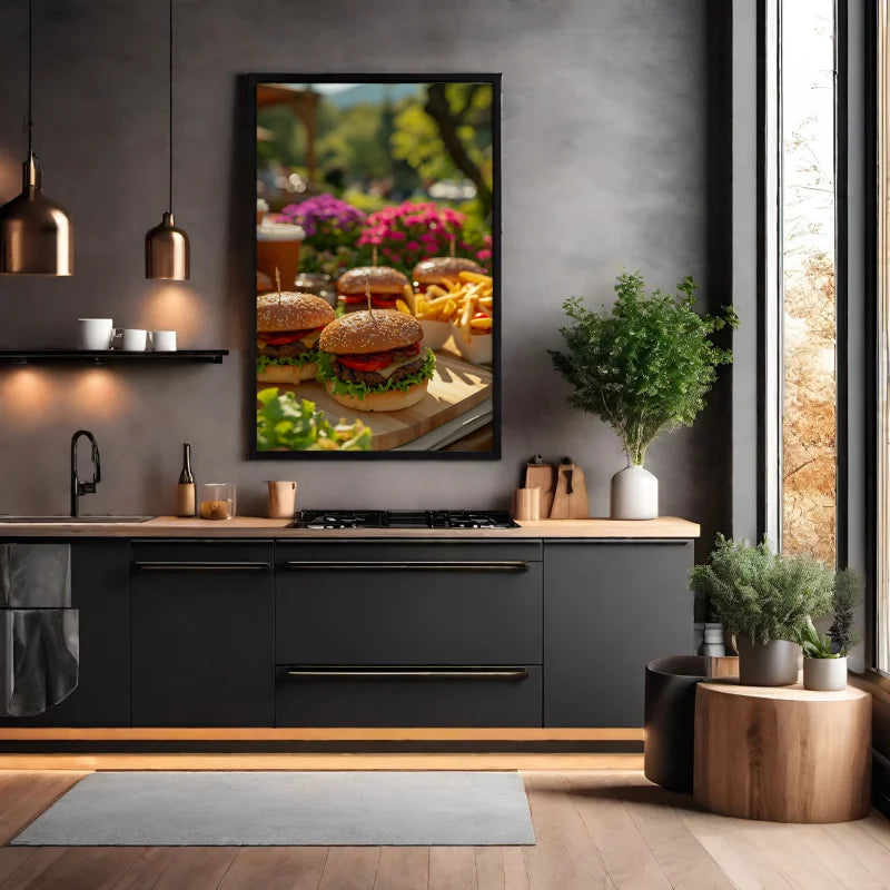 Plexiglas wanddecoratie van  hamburgers en bijgerechten in een ontspannen buitenomgeving.