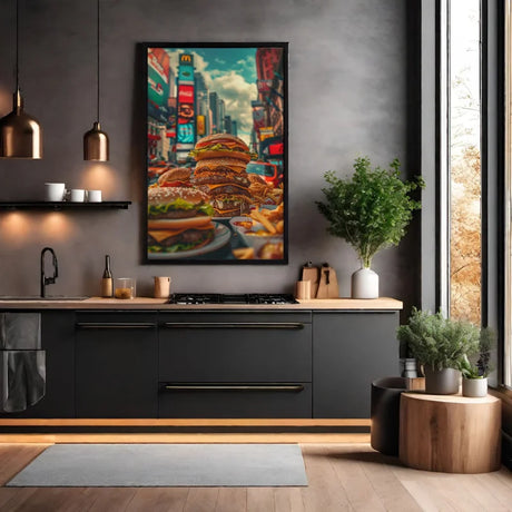  Wanddecoratie canvas van Moderne culinaire presentatie van burgers en friet in een stedelijke setting
