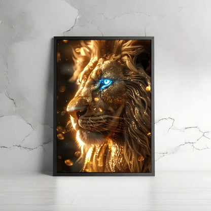 Poster van een leeuw met een blauw oog met gouden accenten