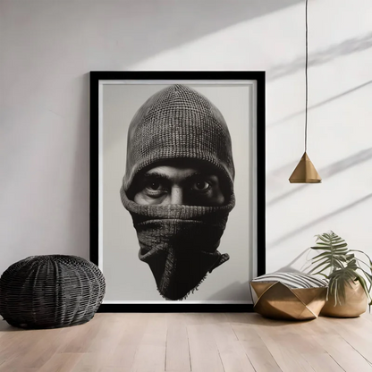 Een zwart wit poster van een man met een bivakmuts