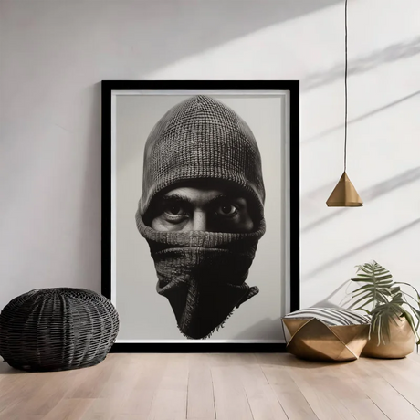 Een zwart wit poster van een man met een bivakmuts
