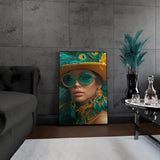 Wanddecoratie canvas met een stijlvol portret met verenaccenten