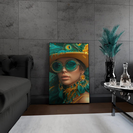 Wanddecoratie canvas met een stijlvol portret met verenaccenten