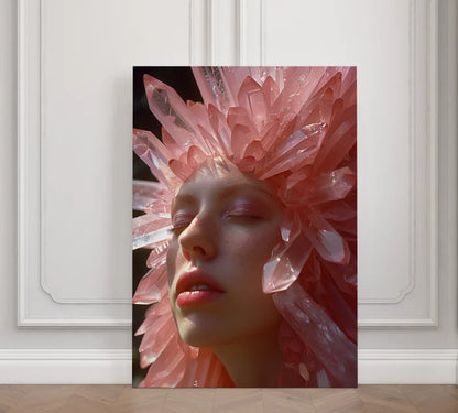 Wanddecoratie plexiglas met gezicht omlijst door roze kristallen.