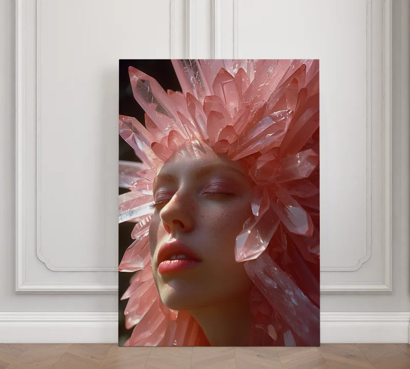 Wanddecoratie plexiglas met gezicht omlijst door roze kristallen.