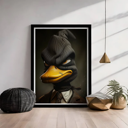 Poster van een eend met een bivakmuts.