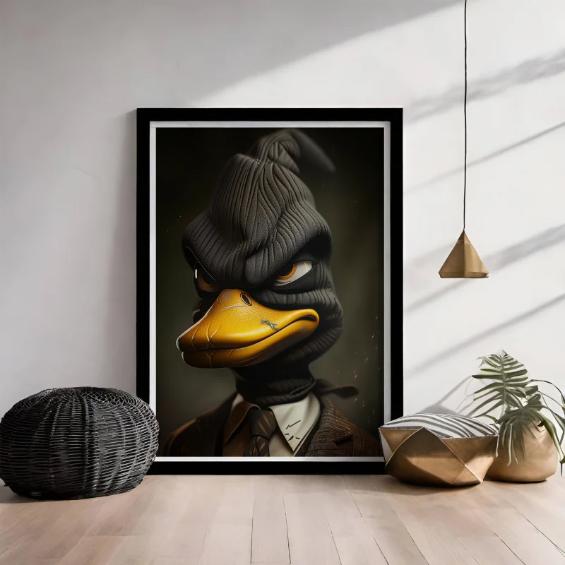 Poster van een eend met een bivakmuts.