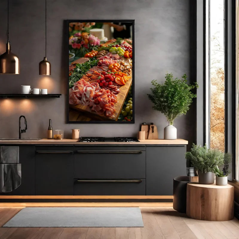 Dibond wanddecoratie van vleeswaren, kazen en fruit