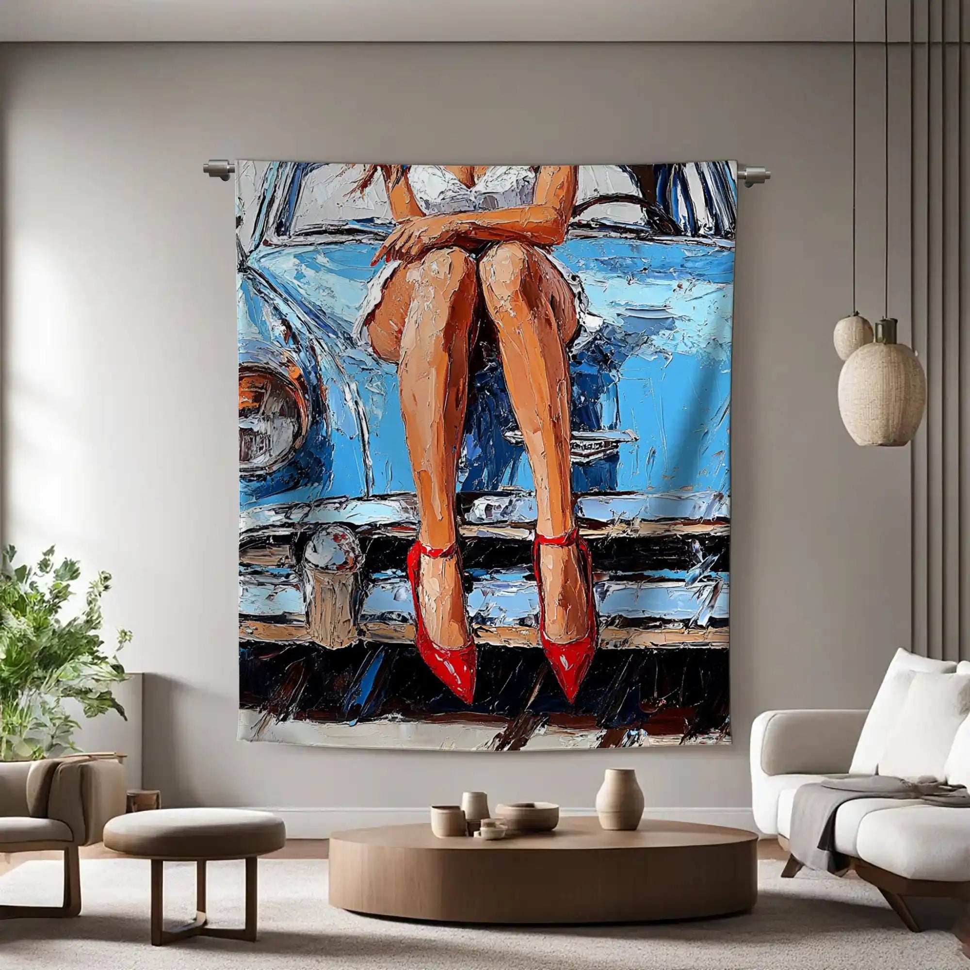 Wandkleed met een kleurrijk schilderachtig portret van een vrouw zittend op een blauwe klassieke auto, met rode hakken en een zomerse uitstraling