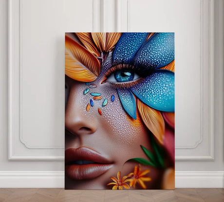 Wanddecoratie plexiglas met vrouwenportret en bloemendetails.