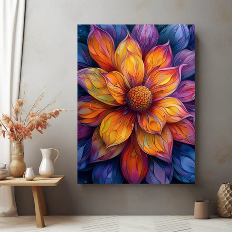 Wanddecoratie dibond met een abstracte en levendige weergave van bloemen