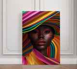 Wanddecoratie dibond met kleurrijke vrouw en linten.