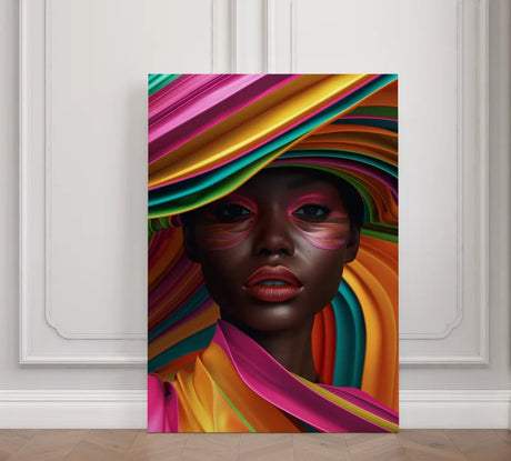Wanddecoratie dibond met kleurrijke vrouw en linten.