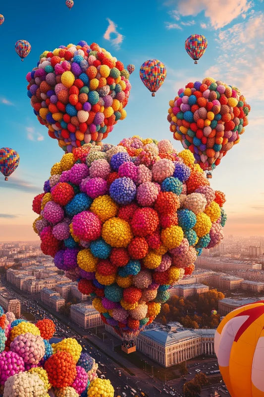 Wanddecoratie canvas met kleurrijke luchtballonnen in de lucht.