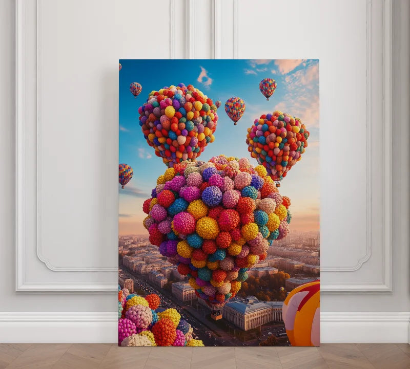 Wanddecoratie canvas met kleurrijke luchtballonnen in de lucht.