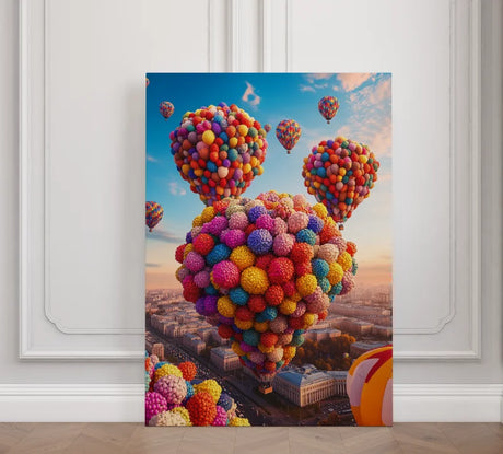 Wanddecoratie canvas met kleurrijke luchtballonnen in de lucht.