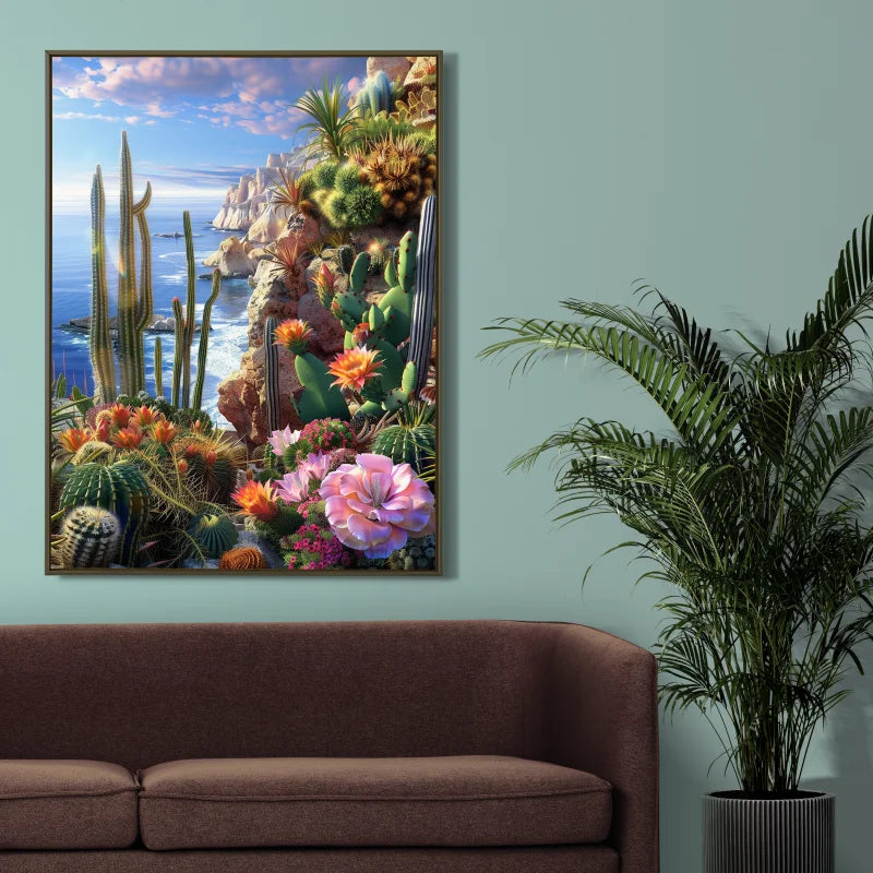 Wanddecoratie canvas met een kleurrijke kustlijn met cactussen