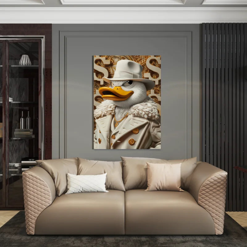 Dibond wanddecoratie van een eend in een witte jas met gouden accenten.