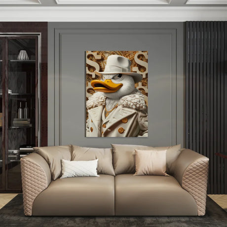 Dibond wanddecoratie van een eend in een witte jas met gouden accenten.