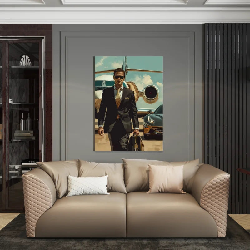 Dibond wanddecoratie van een zakenman met een privéjet en luxe auto
