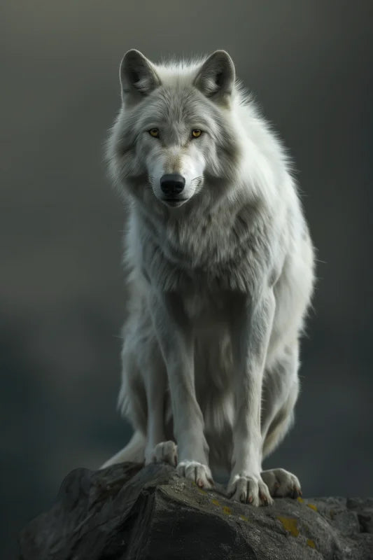 Canvas wanddecoratie met een elegante witte wolf in donkere tinten.
