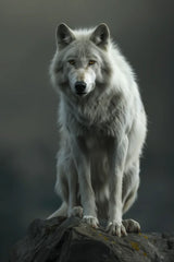 Canvas wanddecoratie met een elegante witte wolf in donkere tinten.