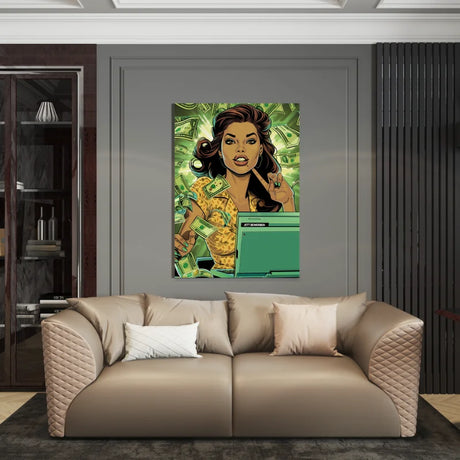 Canvas wanddecoratie van een vrouw omringd door vliegend geld.