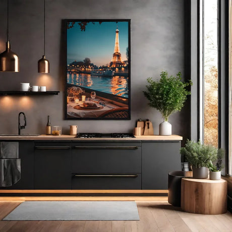 Wanddecoratie dibond diner met kaarslicht met uitzicht op de iconische Eiffeltoren