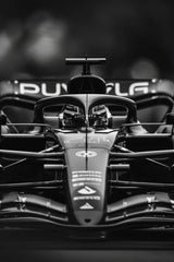 Dibond wanddecoratie met een zwart-wit afbeelding van een Formule 1-auto