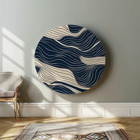 Dibond muurcirkel met een modern blauw golvend ontwerp