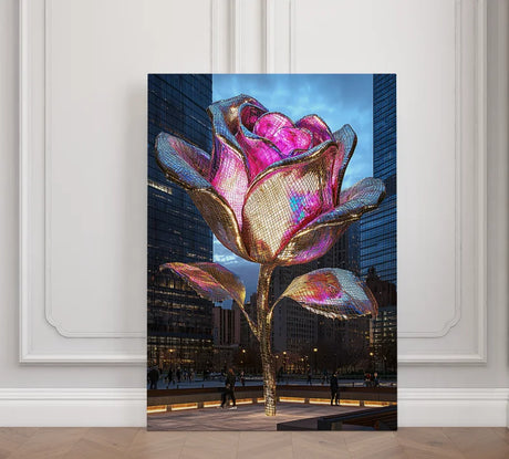 Wanddecoratie plexiglas met futuristische bloem in een stadse omgeving.