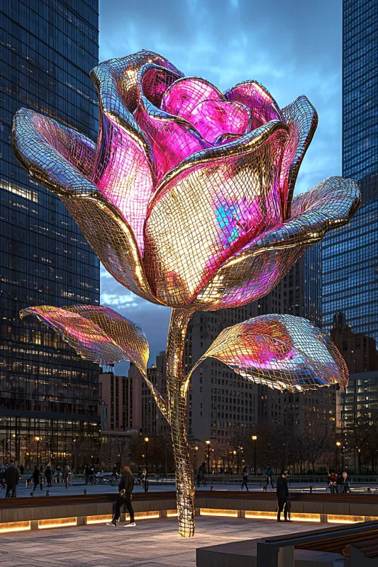 Wanddecoratie dibond met futuristische bloem in een stadse omgeving.