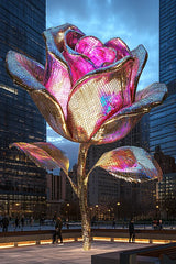 Wanddecoratie dibond met futuristische bloem in een stadse omgeving.