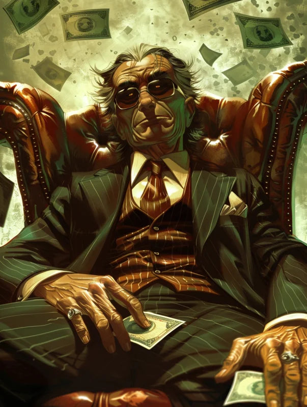 Dibond wanddecoratie van een zakenman in een luxe stoel met geld
