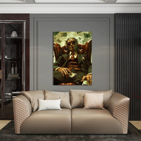 Dibond wanddecoratie van een zakenman in een luxe stoel met geld.