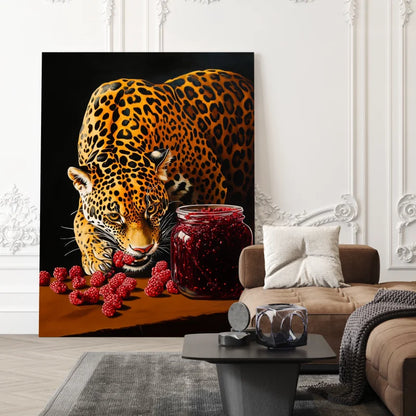 Wanddecoratie op dibond van een tijger met frambozen.