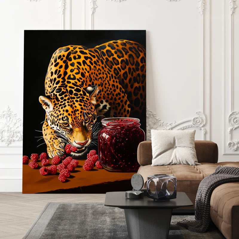 Wanddecoratie op dibond van een tijger met frambozen.