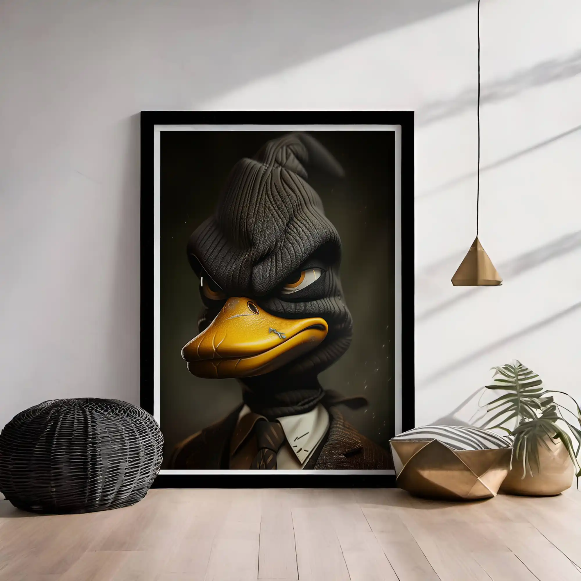 Poster van een eend met een bivakmuts.